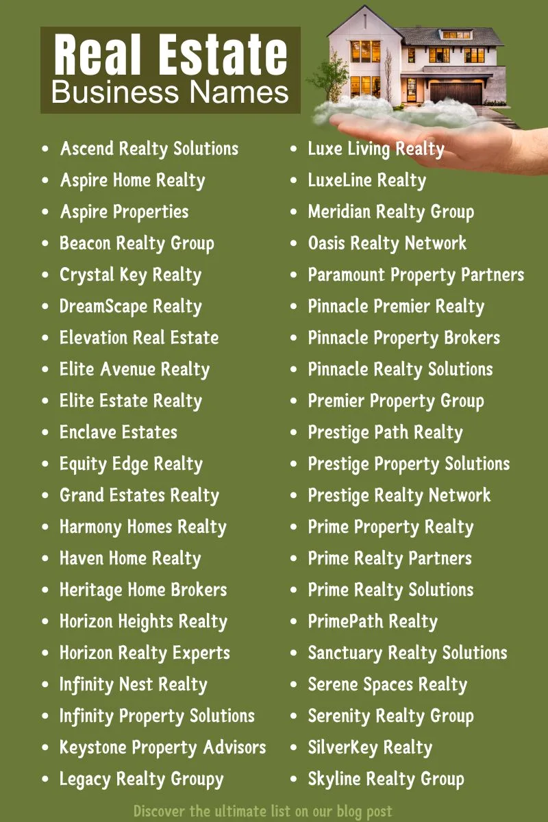 List of Real Estate Sales & Brokerage Business Names